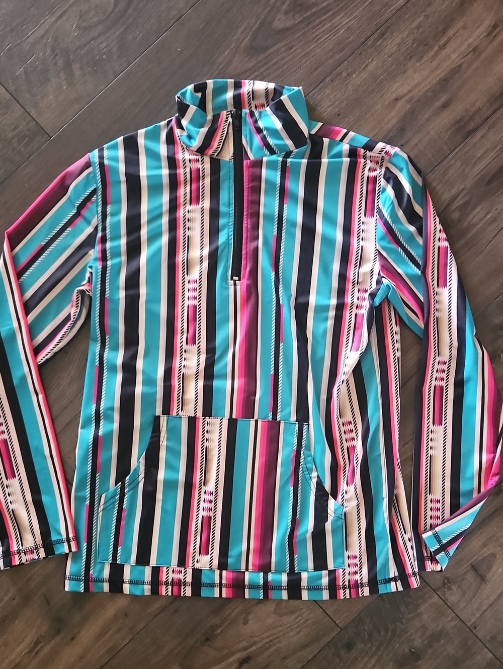 Sterling Kreek Striped Half-Zip Pullover Jacket in Teal, Pink & Black